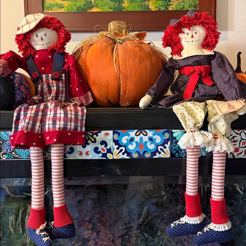 Long Legs shelf sitters Raggedy Ann and Andy Rag Dolls set primitive Christmas